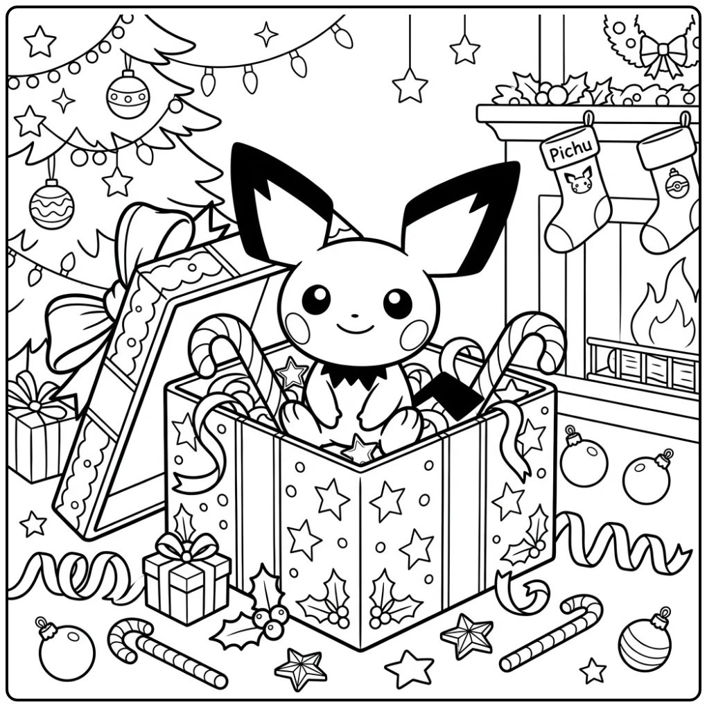 Festive Pichu Christmas with Candy Canes coloring page