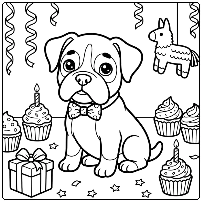 Festive Birthday Boxer Puppy coloring page