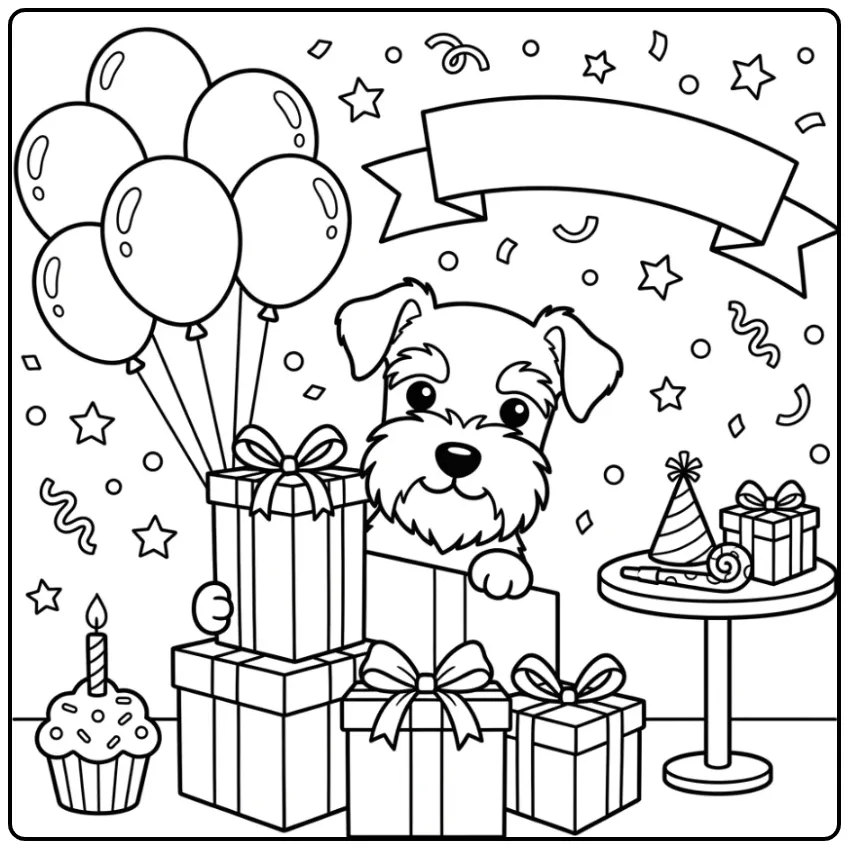 Festive Birthday Puppy with Balloons coloring page
