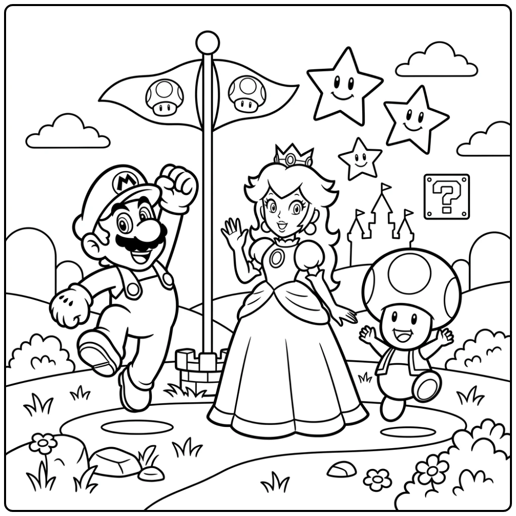 Festive Mario Victory with Peach and Toad coloring page