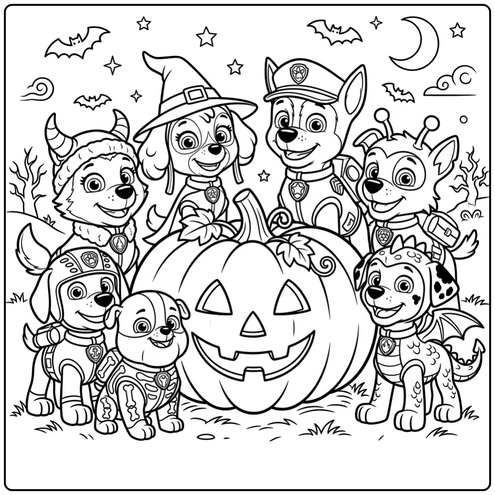 Festive Paw Patrol Halloween Everyone Heroes coloring page