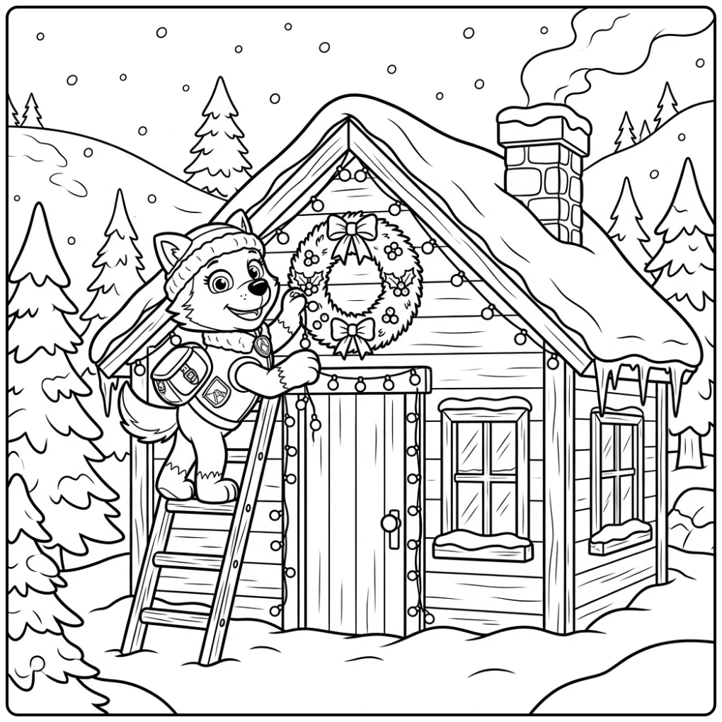 Festive Paw Patrol Christmas Everest and Snowy Hut coloring page
