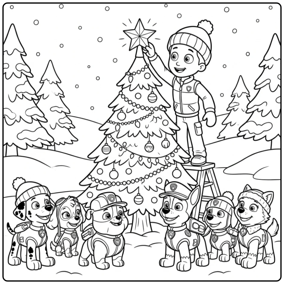 Paw Patrol Christmas coloring page with a holiday celebration