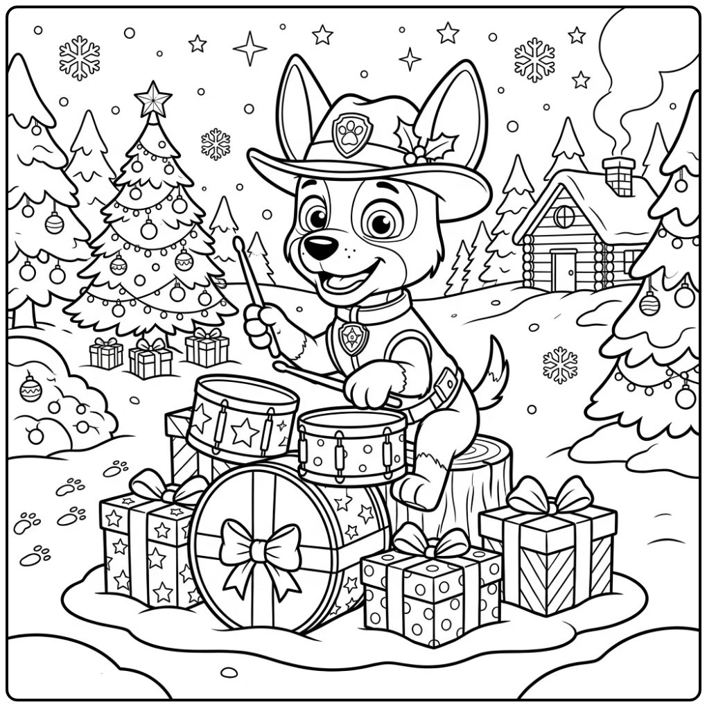 Festive Paw Patrol Christmas Tracker's Drum Show coloring page
