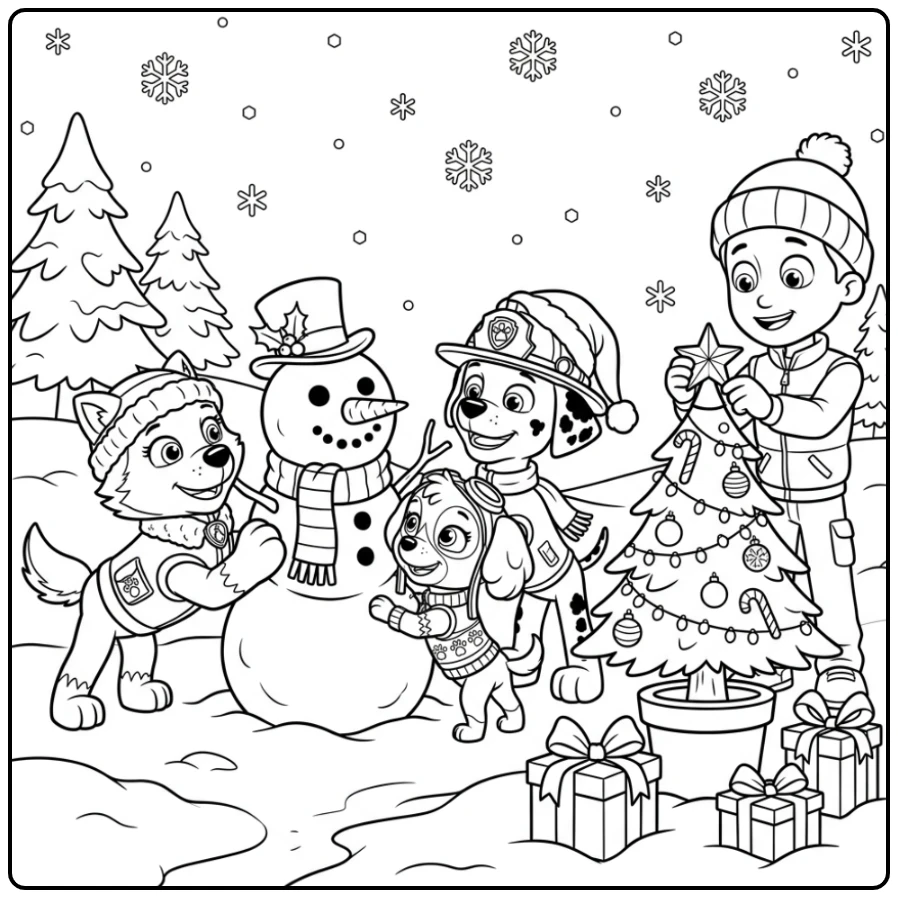 Festive Paw Patrol Christmas Friends Building Snowman coloring page