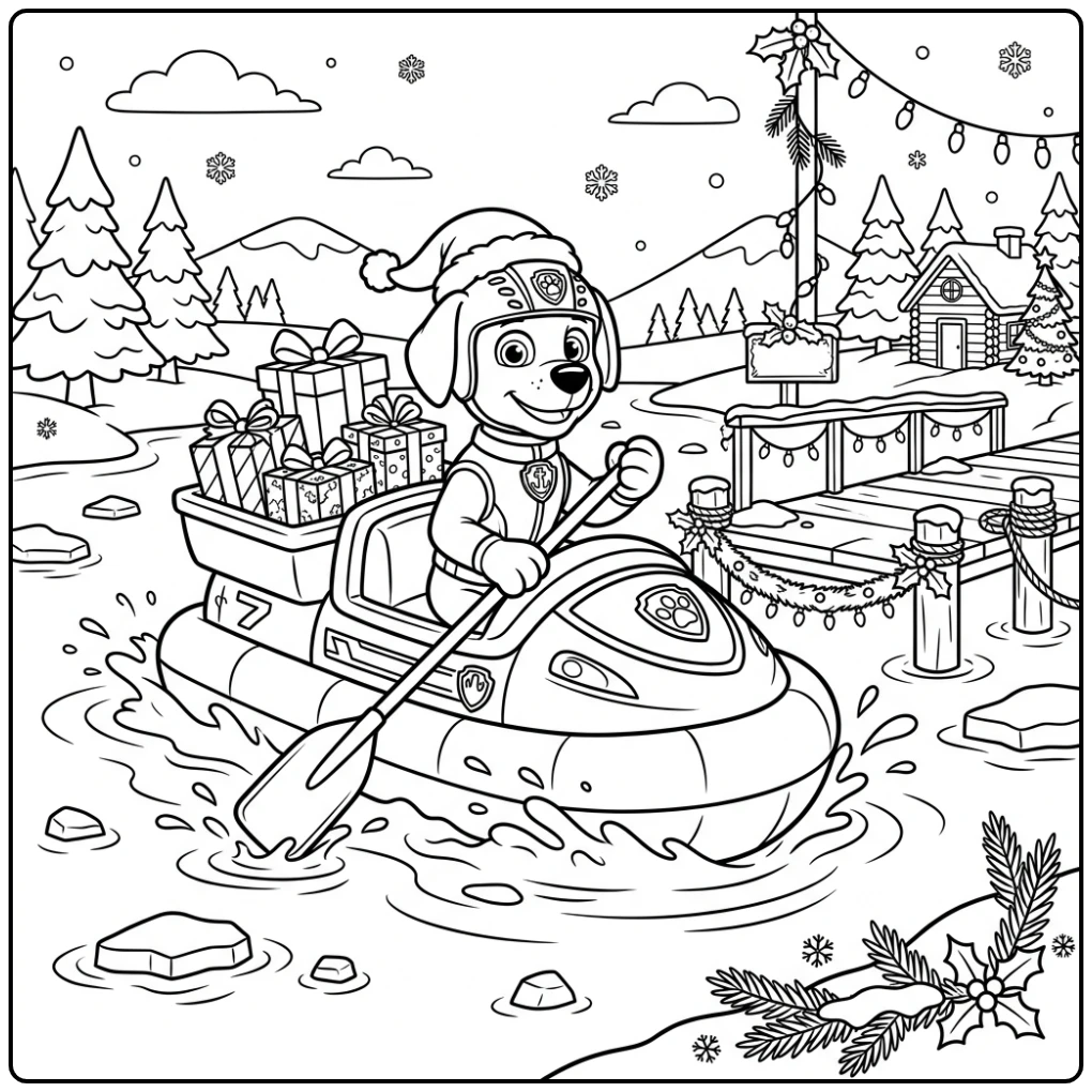 Festive Paw Patrol Christmas Zuma Delivering Gifts coloring page