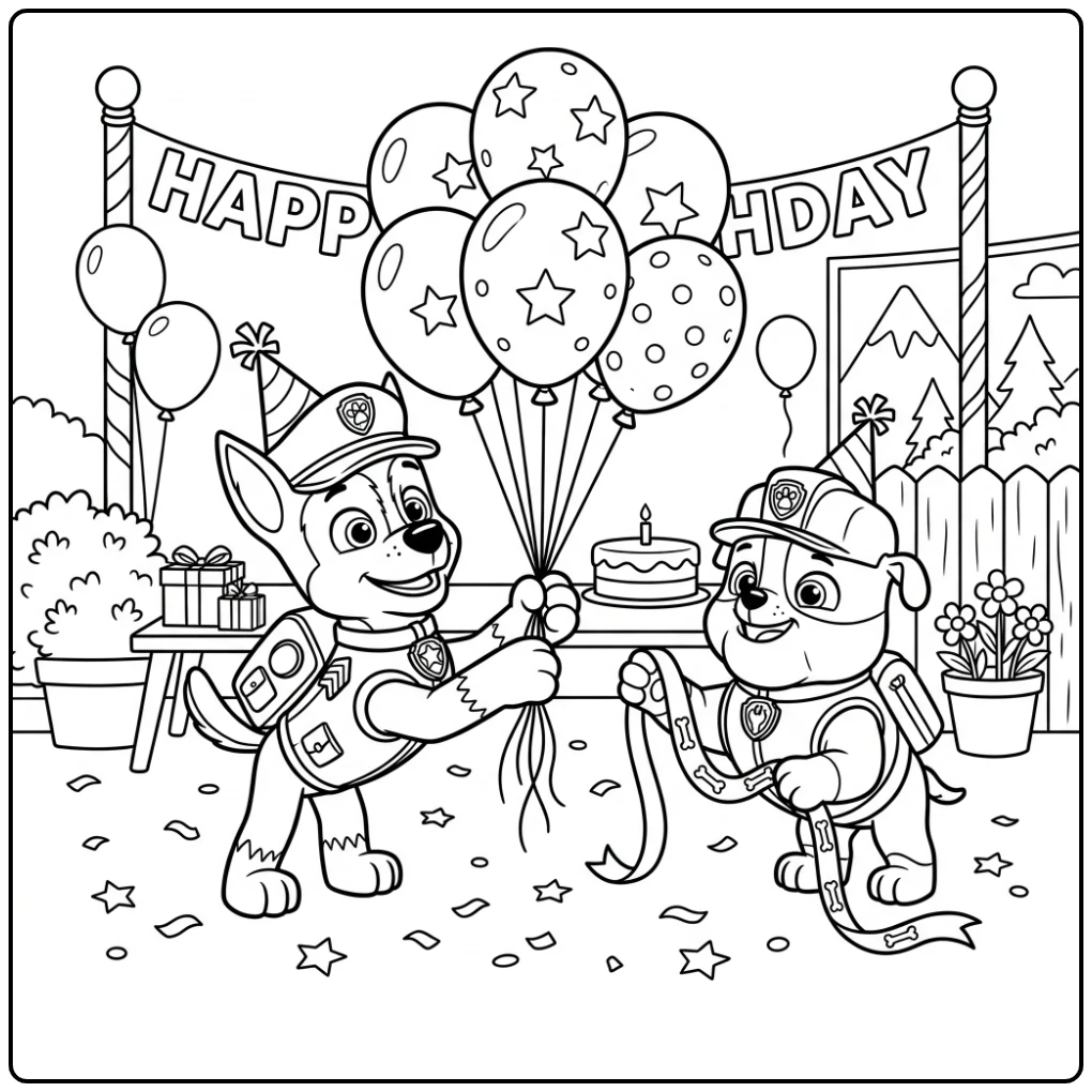 Festive Paw Patrol Birthday with Chase and Rubble coloring page