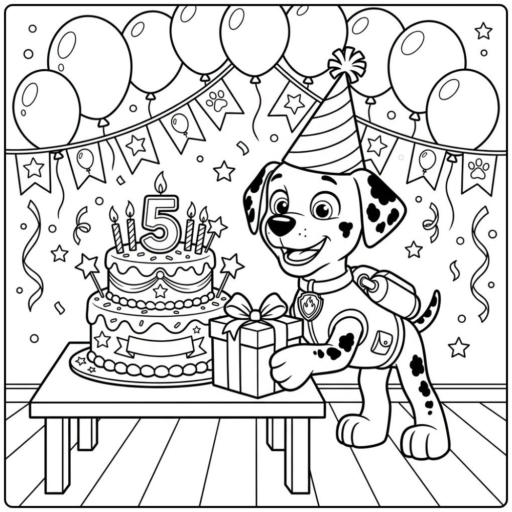 Festive Paw Patrol Birthday with Marshall and Cake coloring page