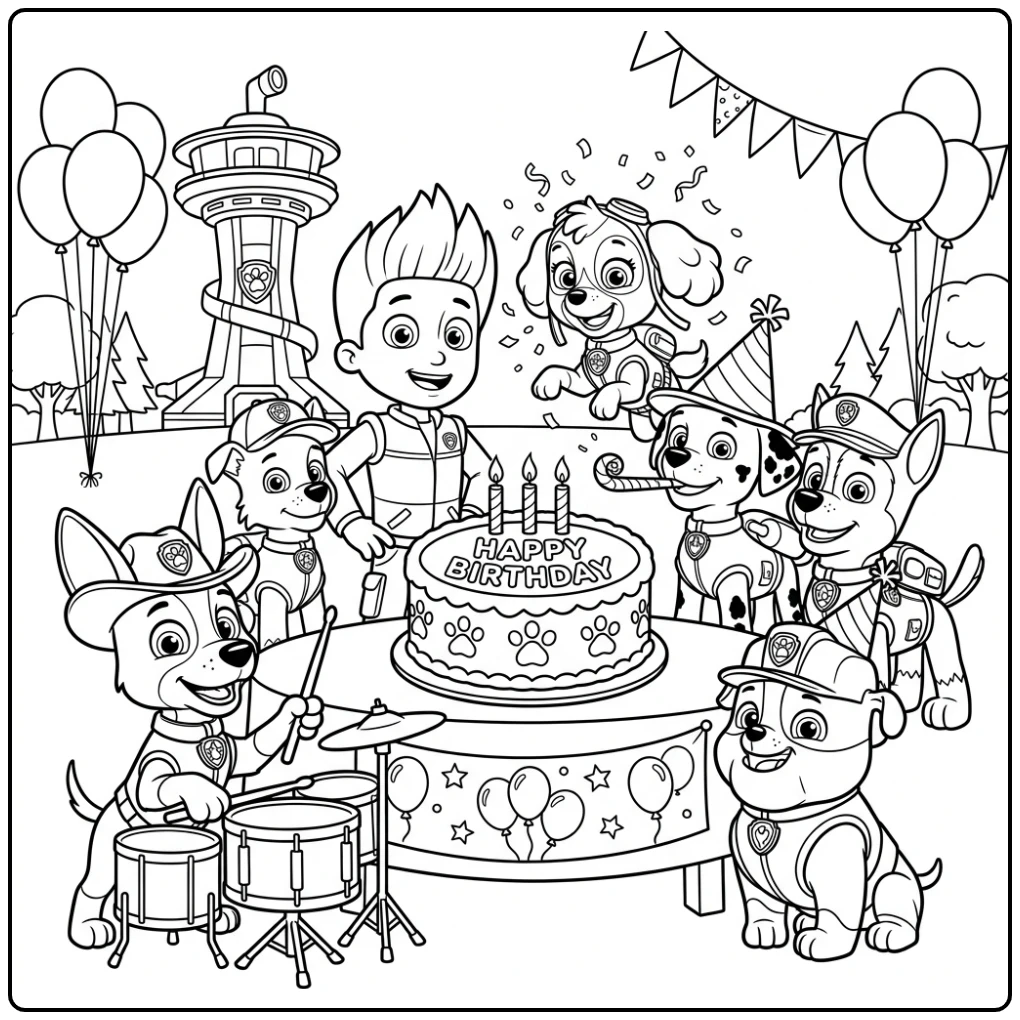 Festive Paw Patrol Birthday with Pups and Cake coloring page