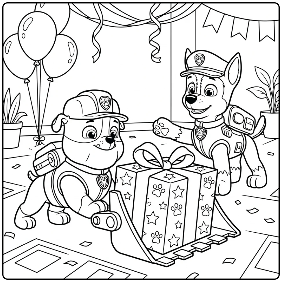 Festive Paw Patrol Birthday with Rubble and Chase coloring page