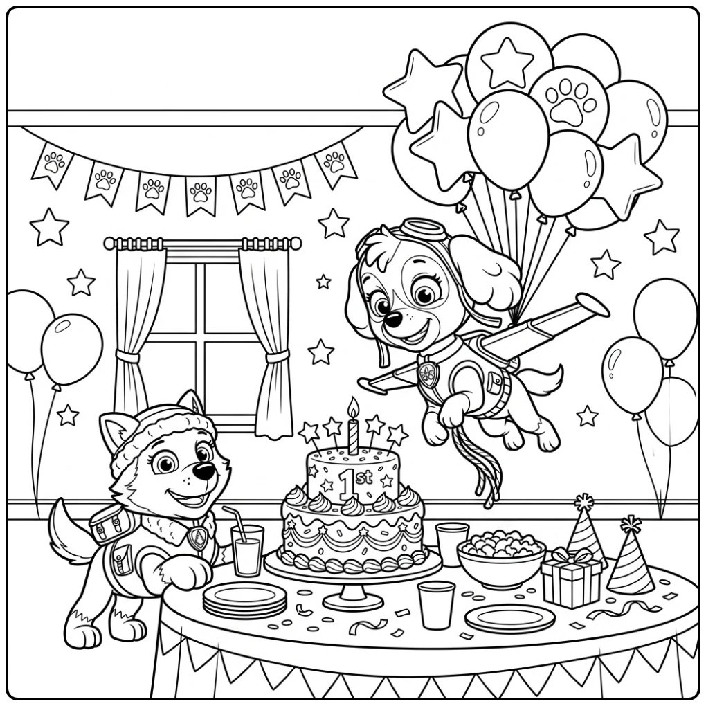 Festive Paw Patrol Birthday with Flying Skye coloring page