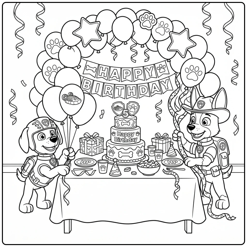 Festive Paw Patrol Birthday with Zuma Tracker coloring page