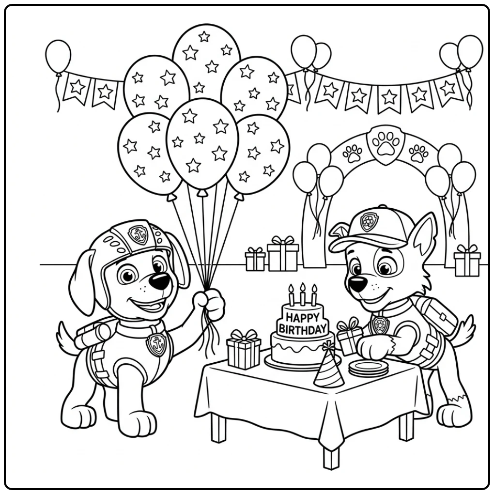 Festive Paw Patrol Birthday Zuma and Rocky coloring page