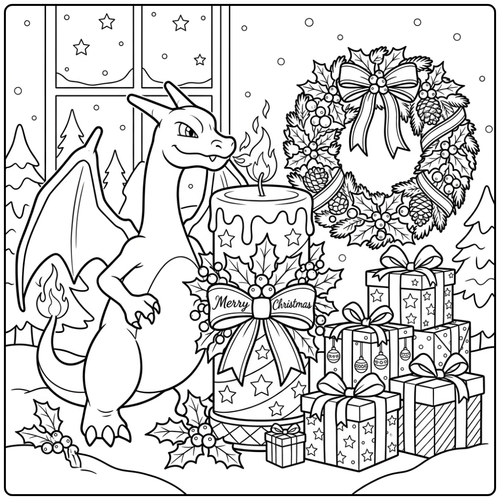 Festive Pokemon Christmas Charizard Crossing Candle coloring page