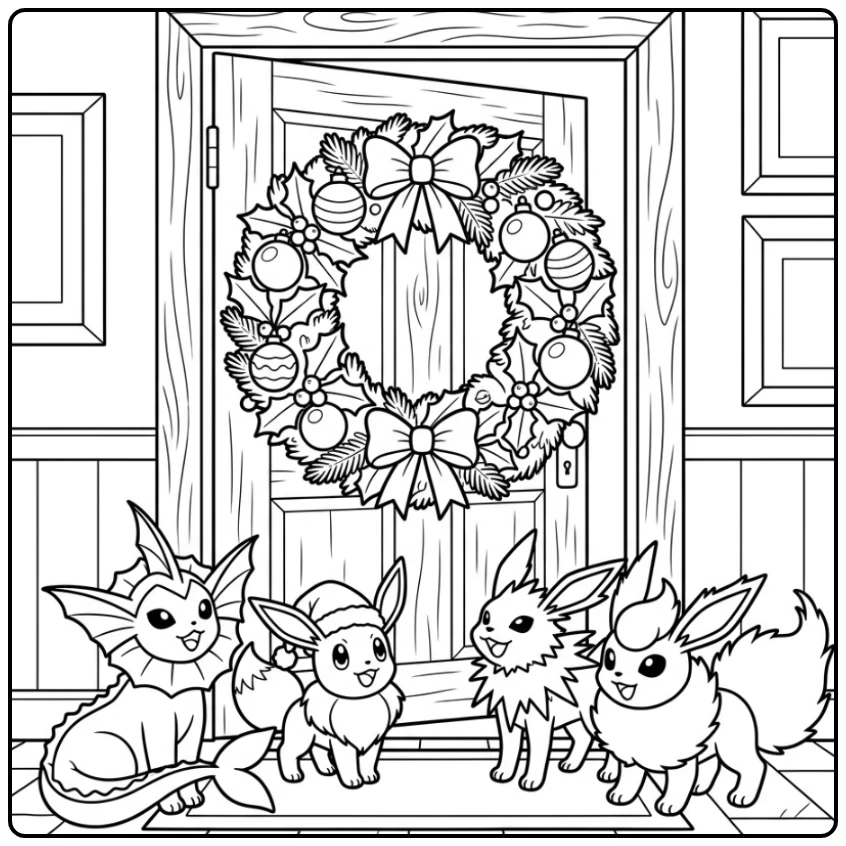 Festive Pokemon Christmas Eevee and Her Friends coloring page