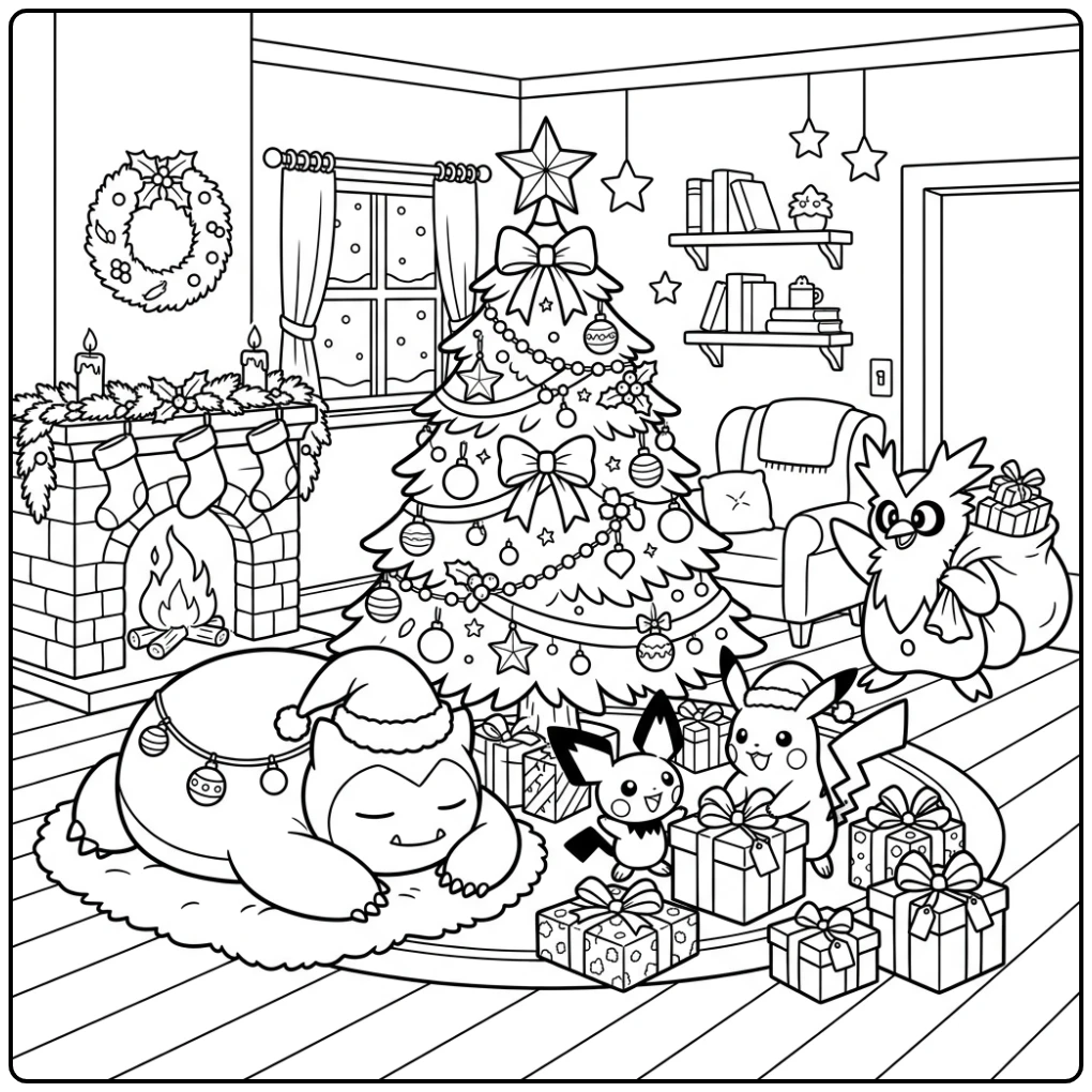 Festive Pokemon Christmas Pikachu Snorlax Delibird coloring page