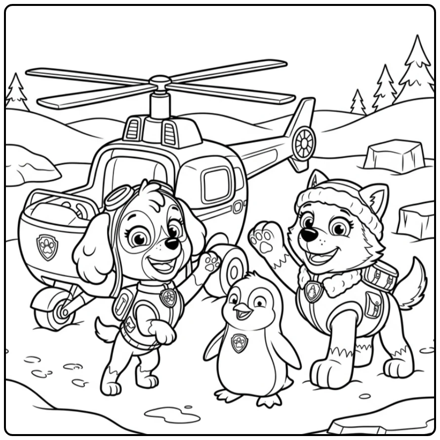 Festive Paw Patrol Skye Everest and Penguin coloring page