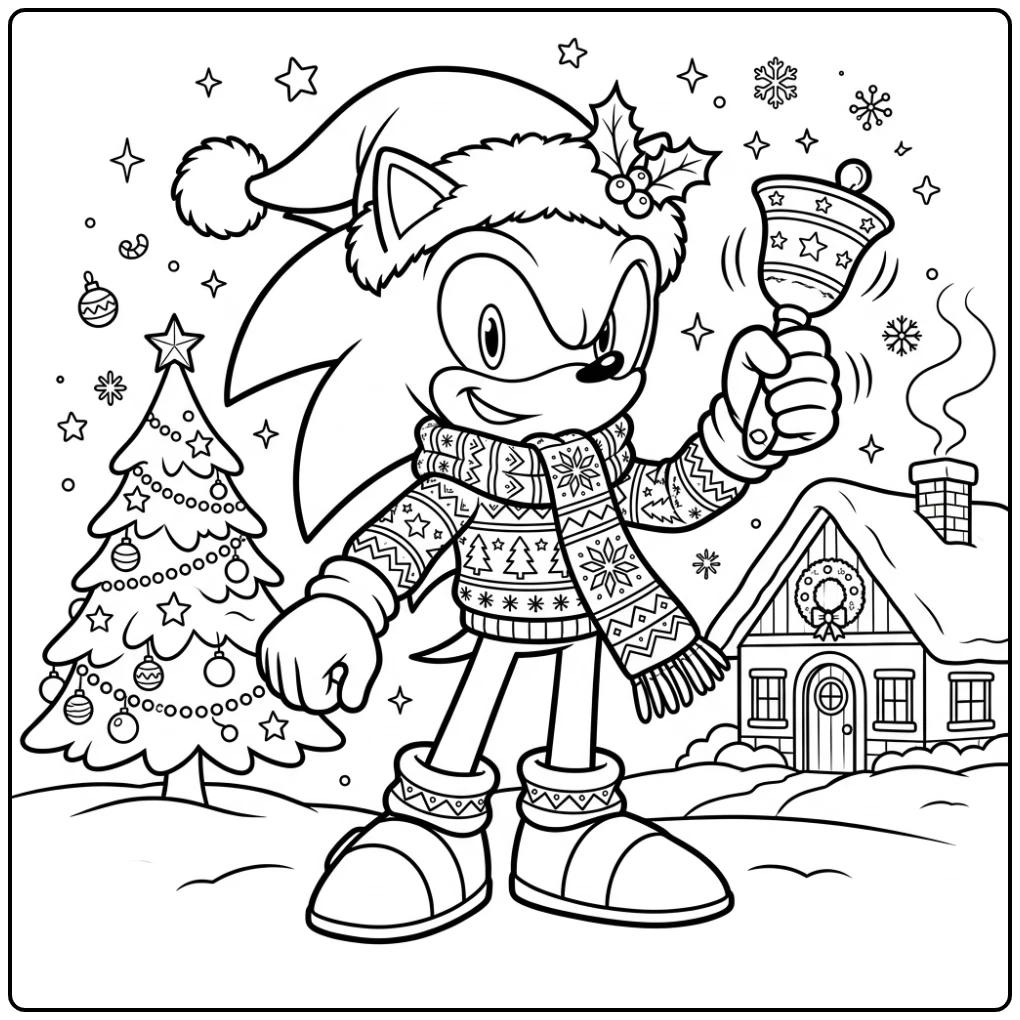 Festive Christmas Sonic with Bell and Stars coloring page
