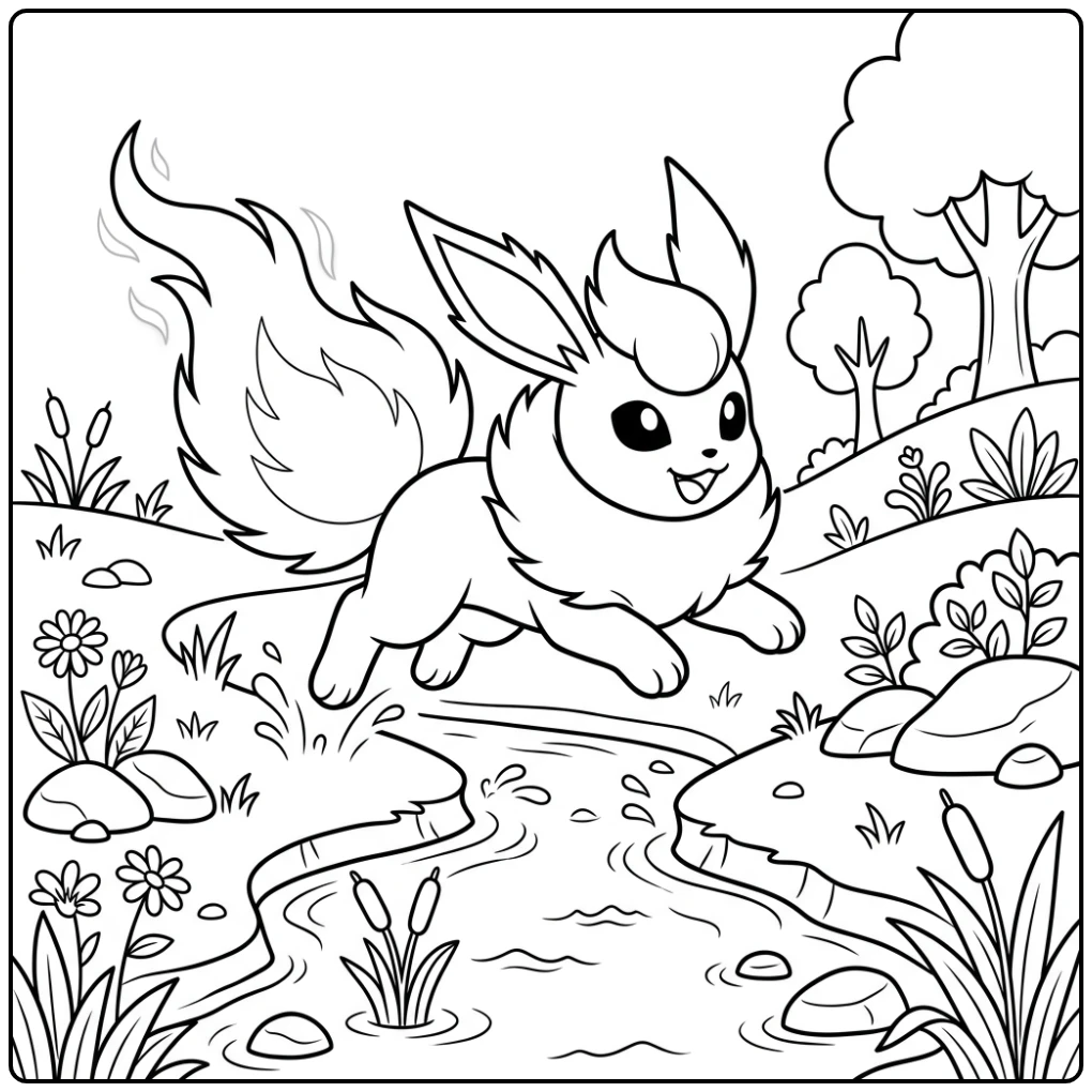 Flareon Adventurous Jump Over a Stream coloring page