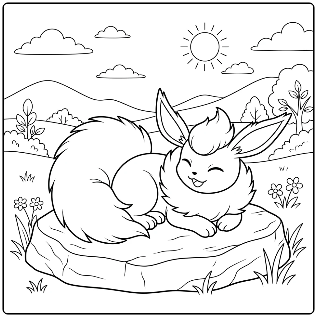 Flareon Cozy on a Rock with Fluffy Tail Curl coloring page