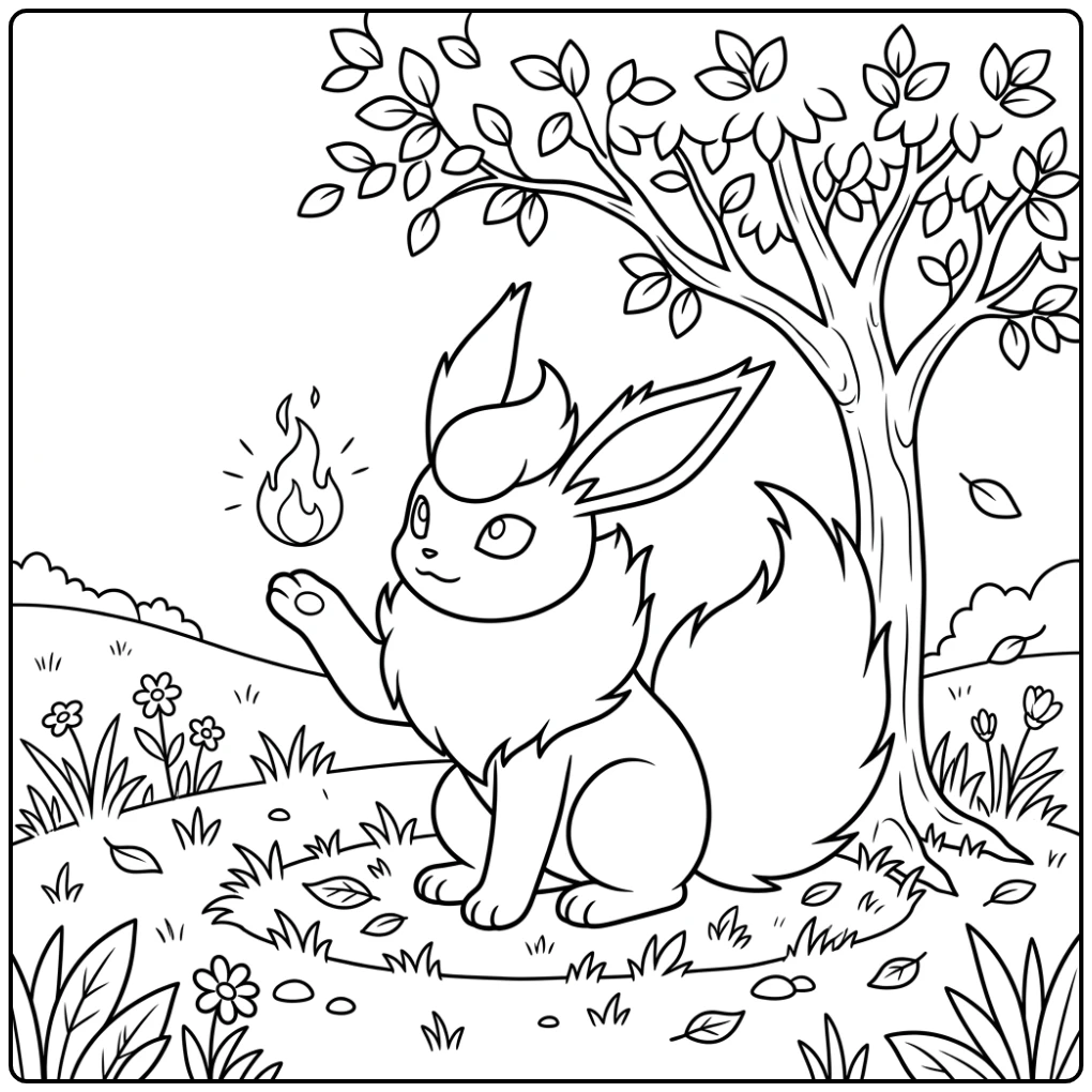 Flareon Quiet Small Flame Watching Under a Tree coloring page
