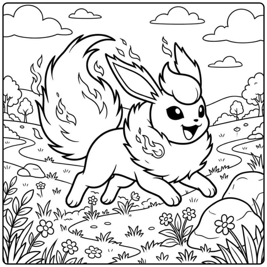 Flareon Cheerful Running Through Grass with Flames coloring page