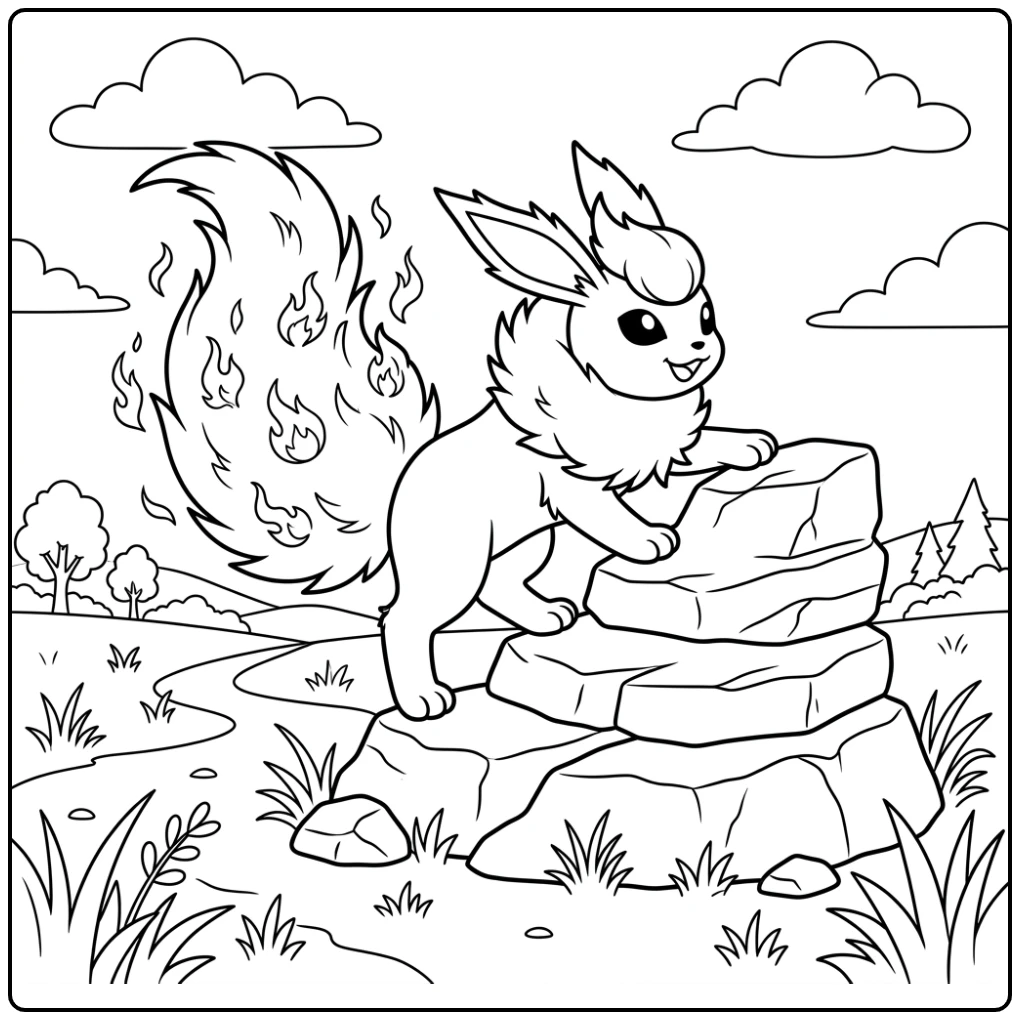 Flareon Fire Pokemon Climbing on Rocks in the Sunlight coloring page