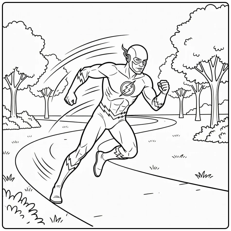 Superhero Flash in Park with Bushes coloring page