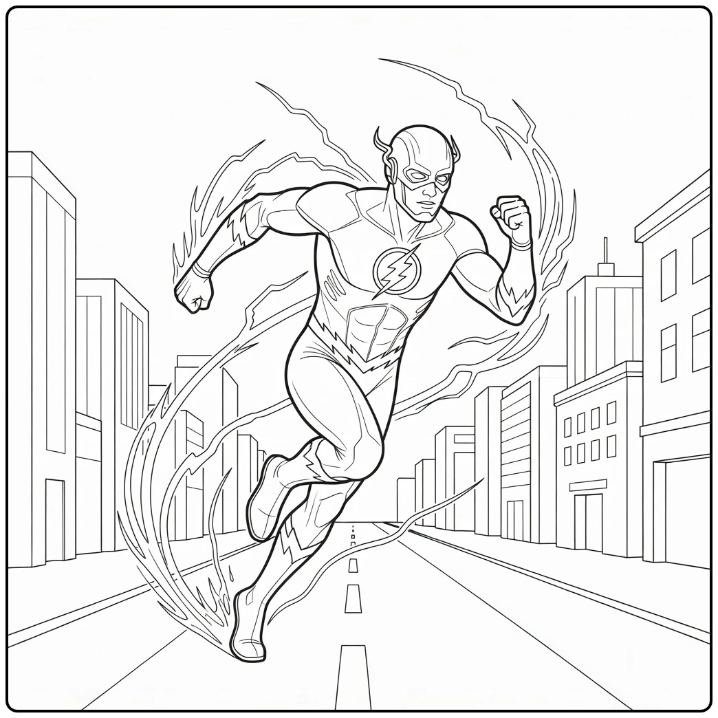 Flash Running Hero in City Street coloring page