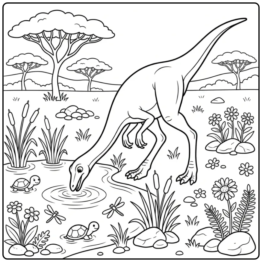 Gallimimus Drinking with the Pond Dinosaur coloring page