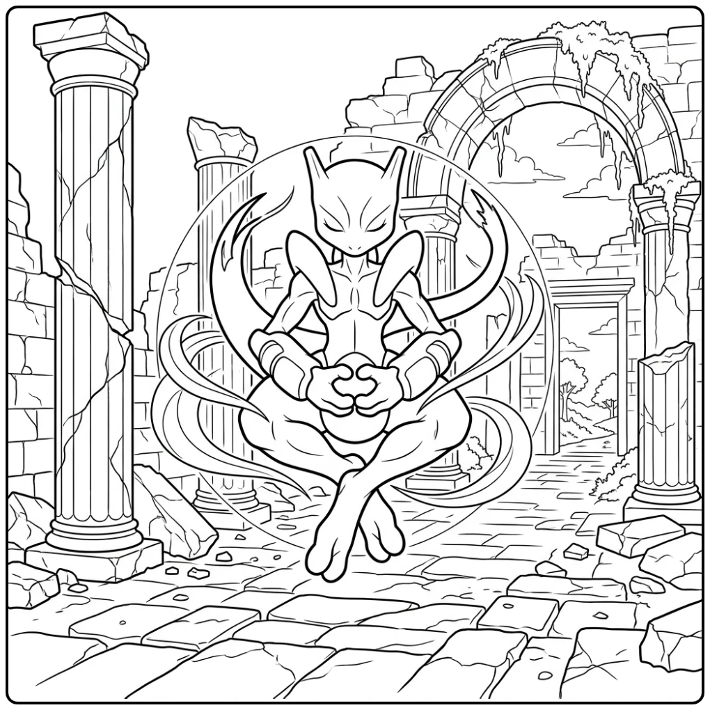 Cool Pokemon Mega Mewtwo in a Old Temple coloring page