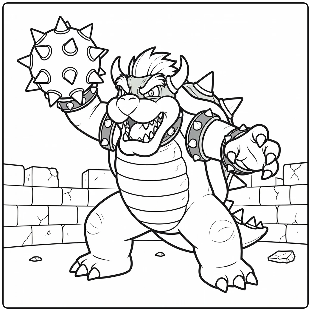 Detailed Bowser with a Spike Ball and Fort coloring page