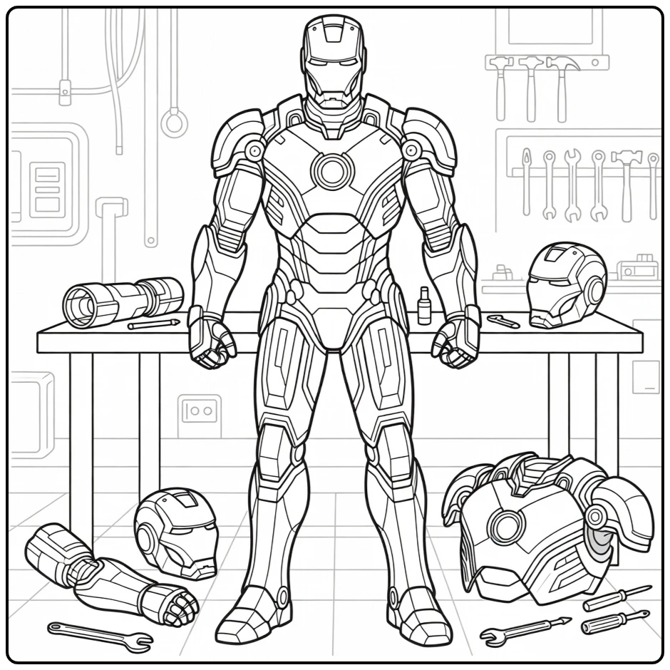 Detailed Iron Man in a High-tech Lab coloring page