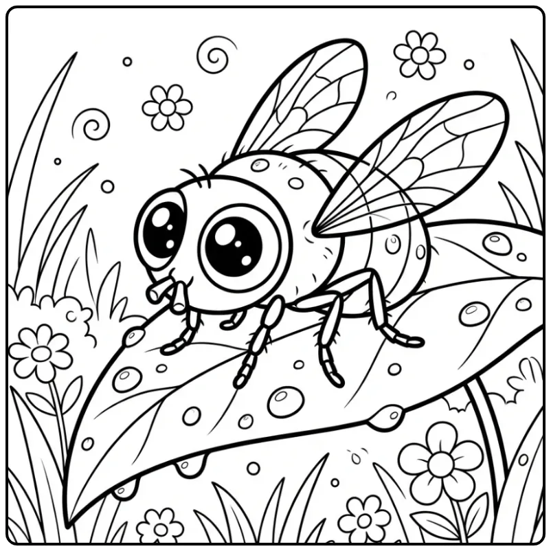 Fly coloring page featuring a fly on a leaf with morning dew