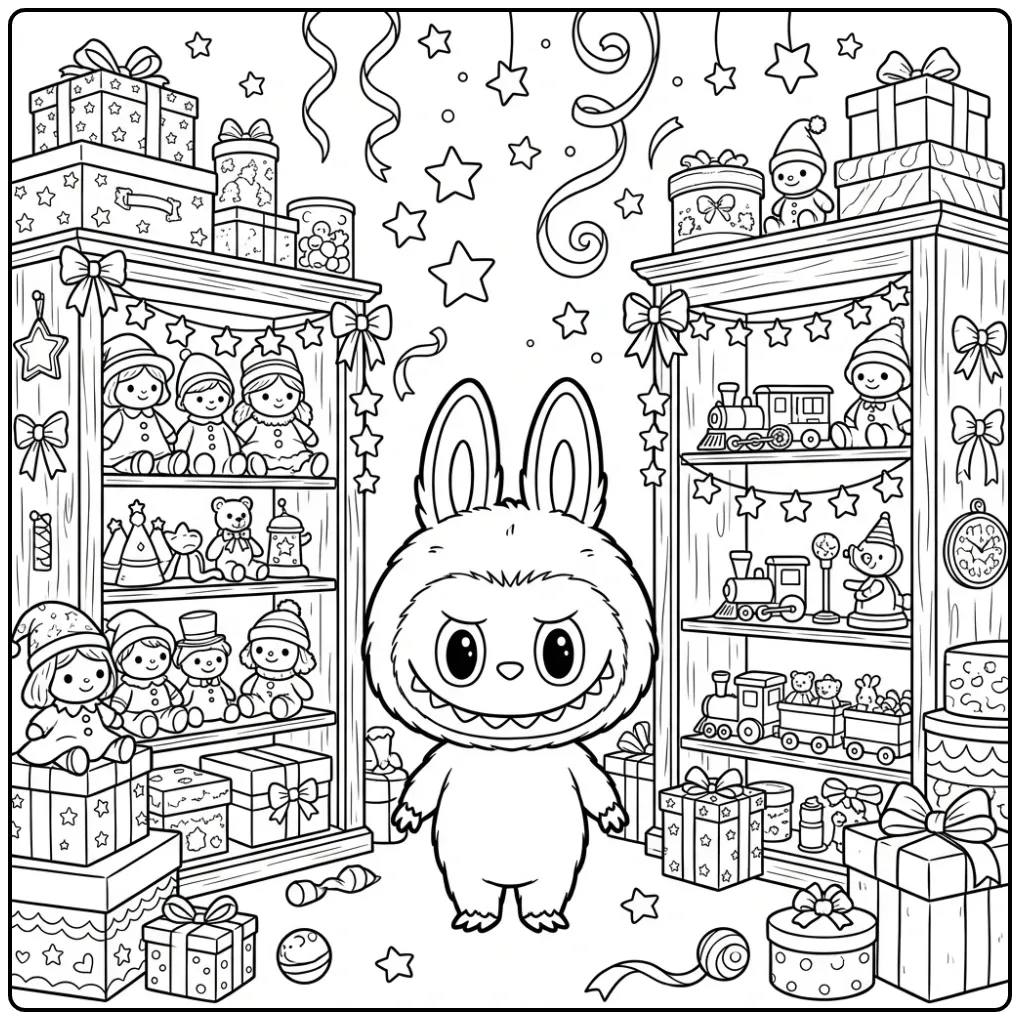 Detailed Labubu in a Shop coloring page