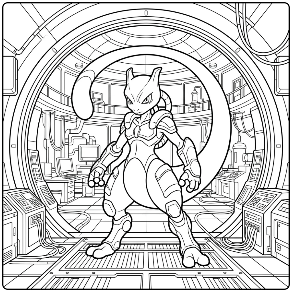 Detailed Mewtwo in the Laboratory coloring page