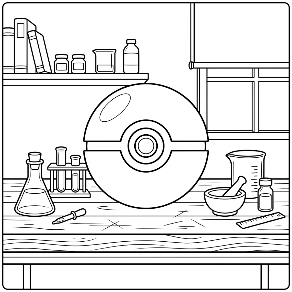 Detailed Poke Ball on Laboratory Table coloring page