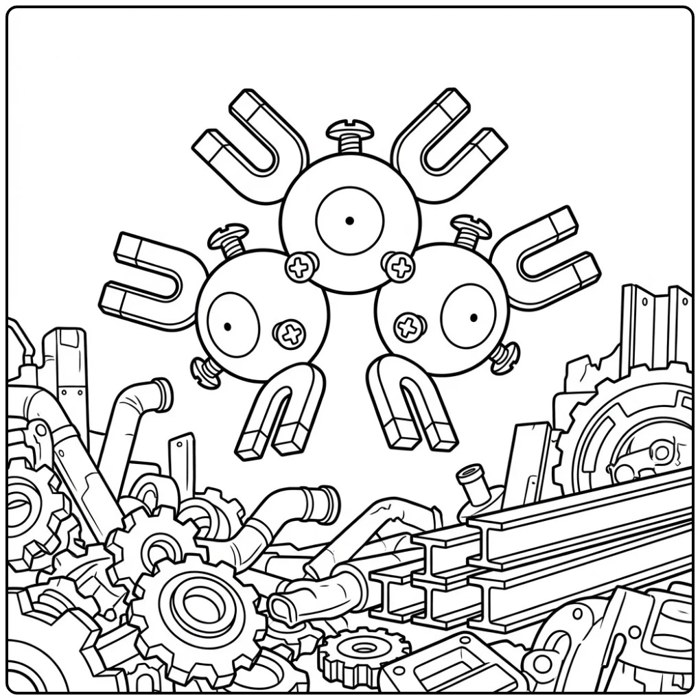 Detailed Pokemon Magneton in the Factory coloring page