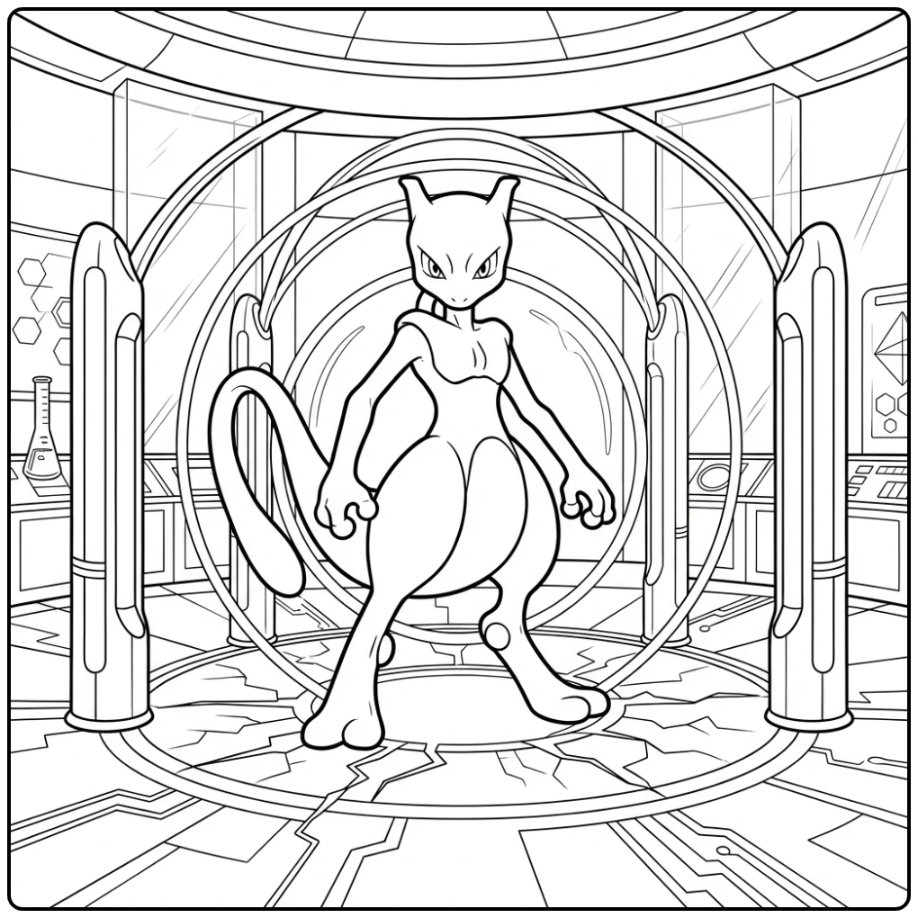 Detailed Pokemon Mewtwo in Sci Fi Arena coloring page