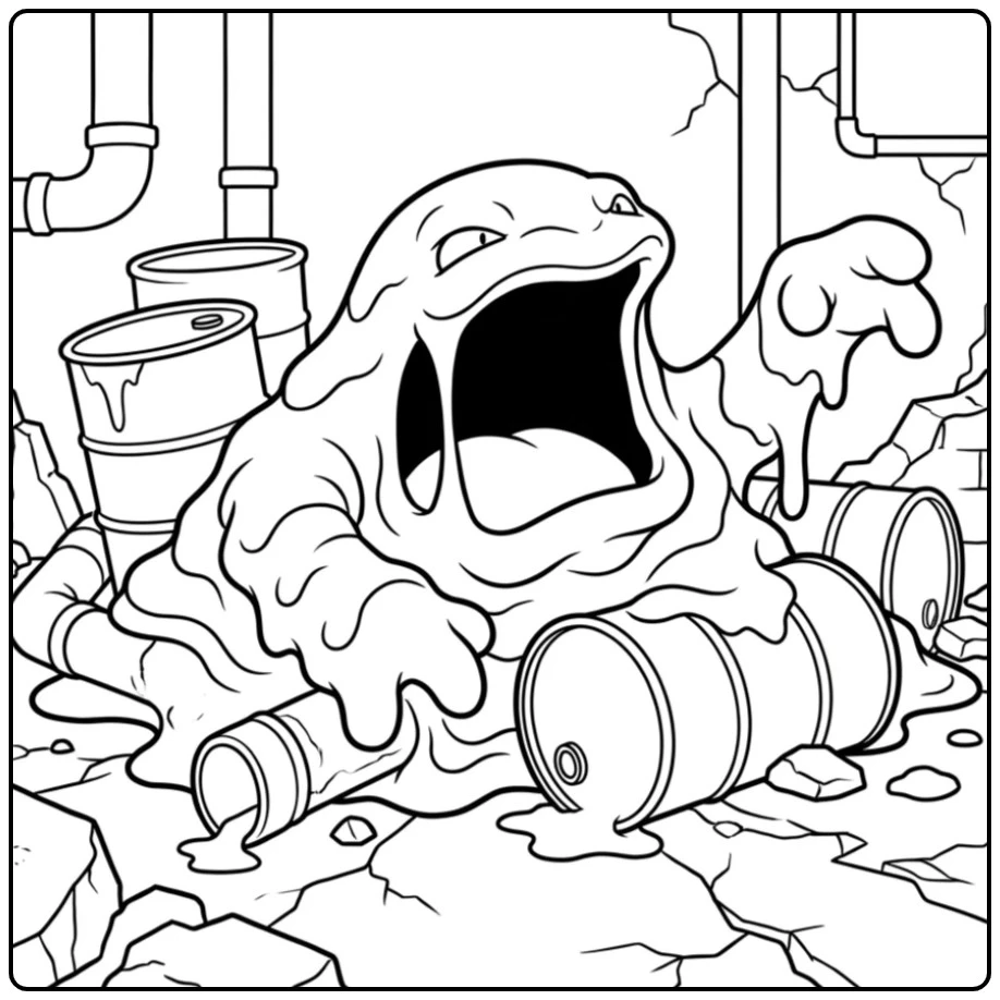 Detailed Pokemon Muk in Old Factory Hall coloring page