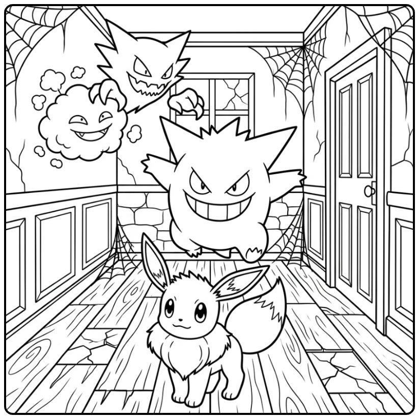 Gengar Eevee Gastly and Haunter in a Spooky Corridor coloring page