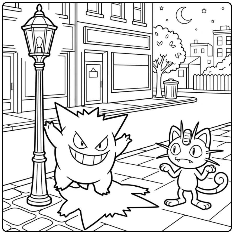 Gengar and Meowth in a Nighttime Street Scene coloring page