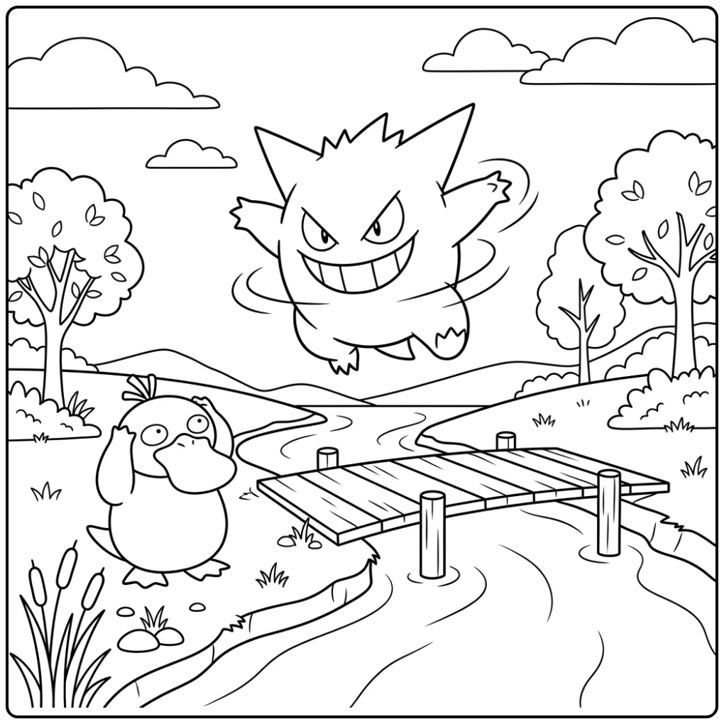 Gengar Floating Above Bridge Psyduck Is Surprised coloring page
