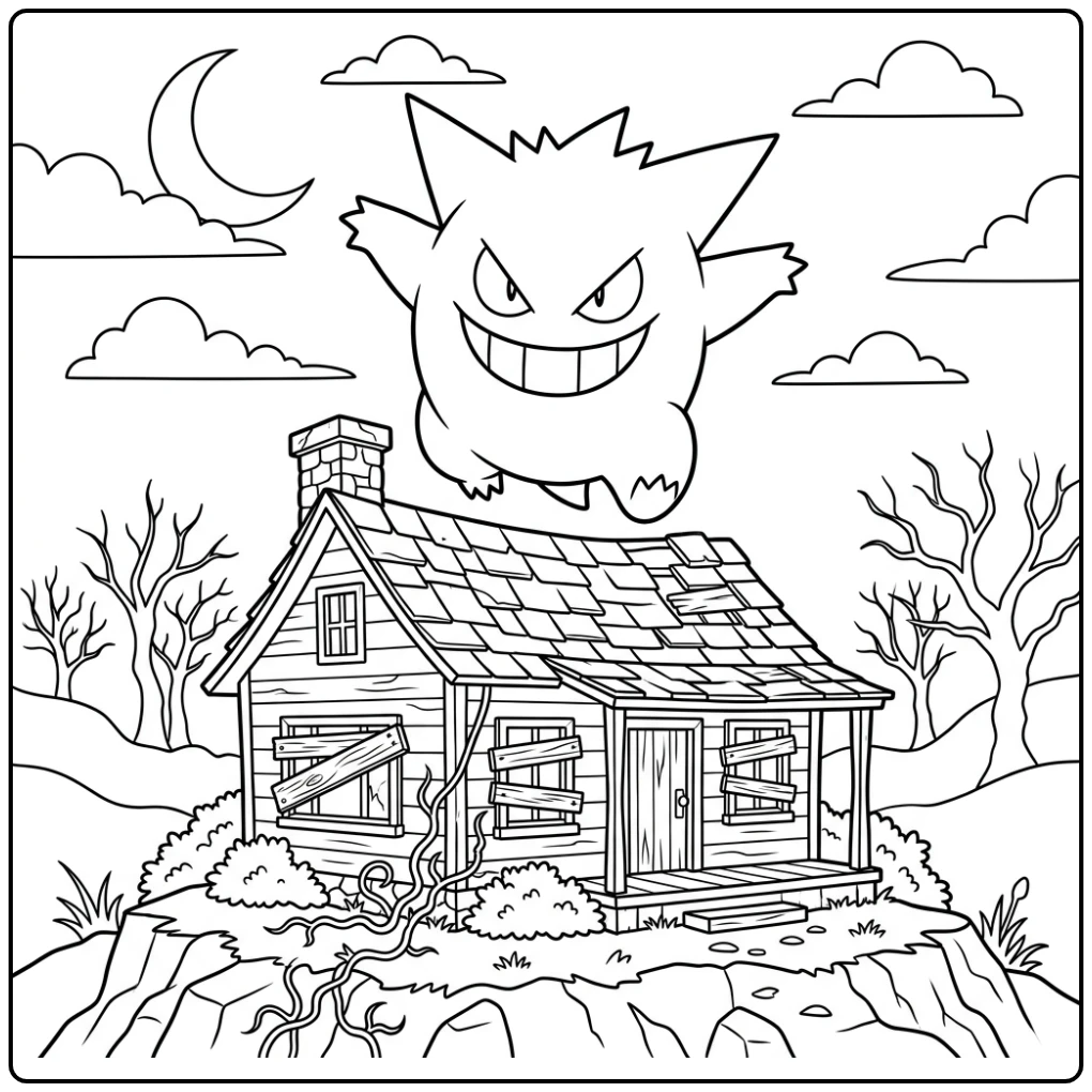 Spooky Gengar Above House with Moonlight coloring page