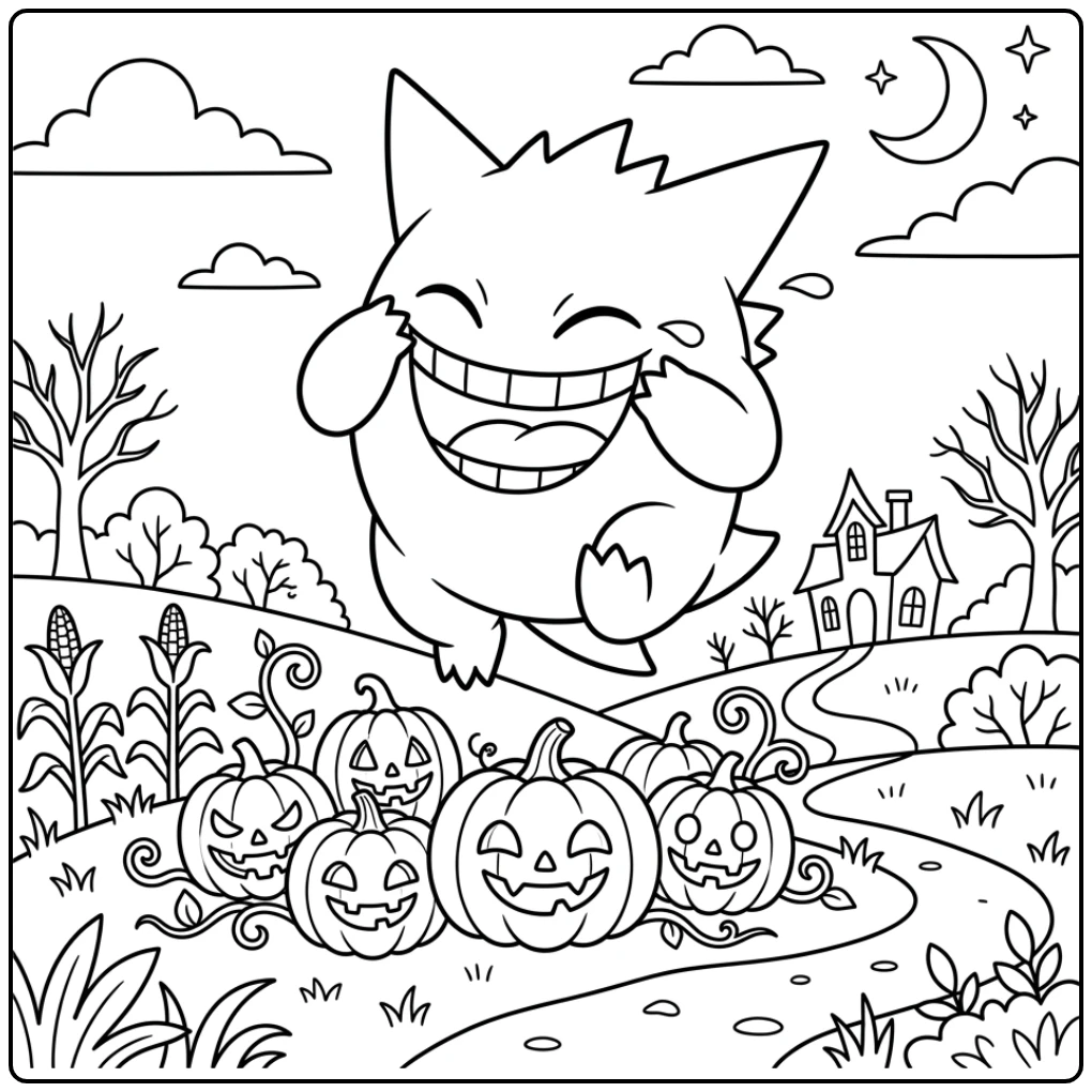Smiling Gengar Above a Pumpkin Patch coloring page