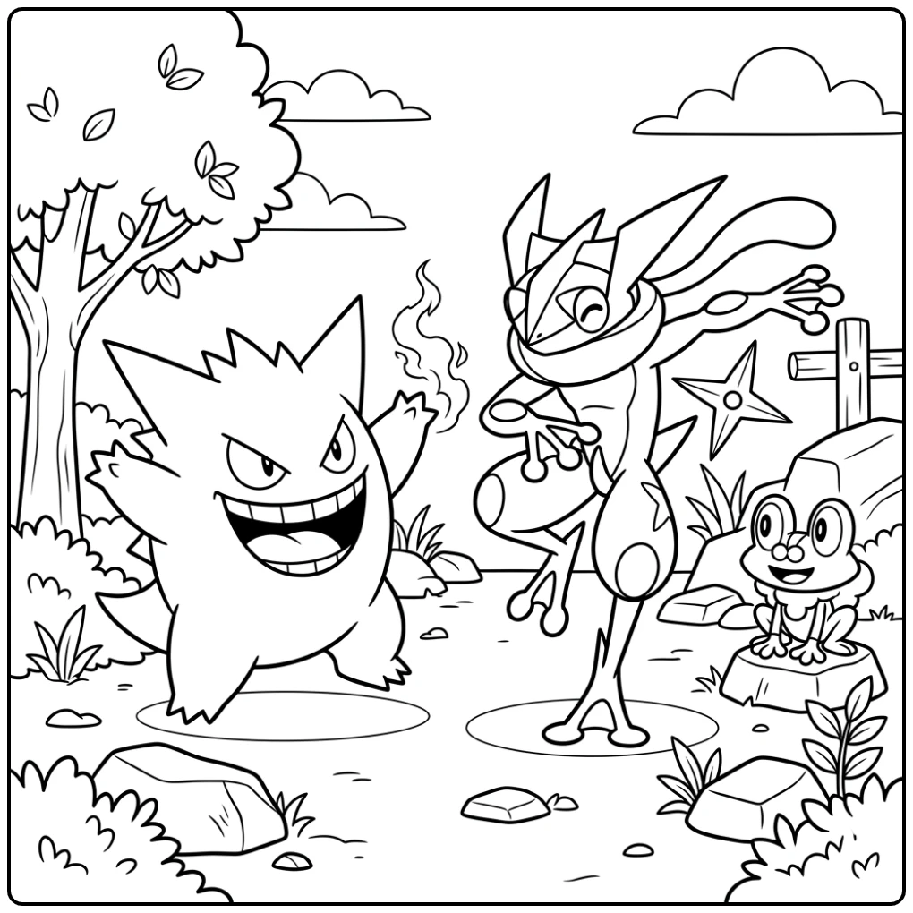 Friendly Battle Among Gengar and Greninja coloring page