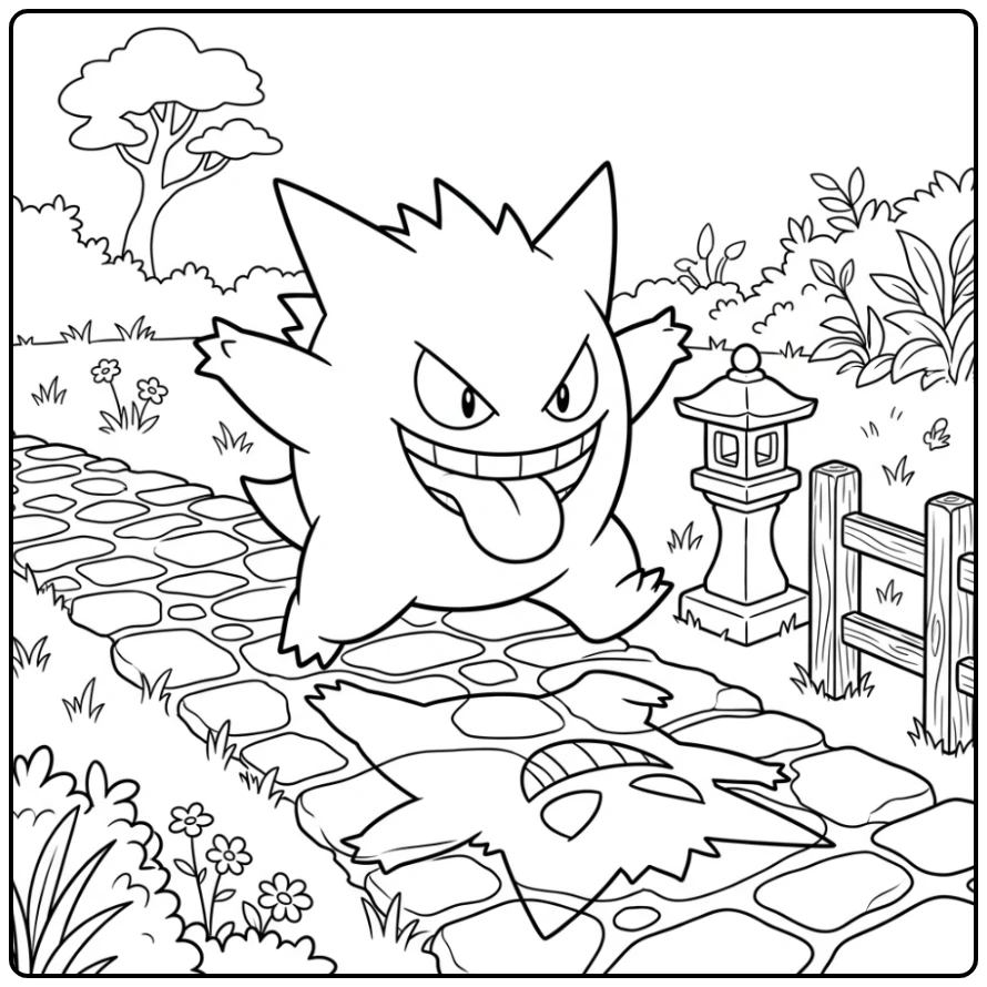 Cheerful Gengar Chasing His Own Shadow coloring page