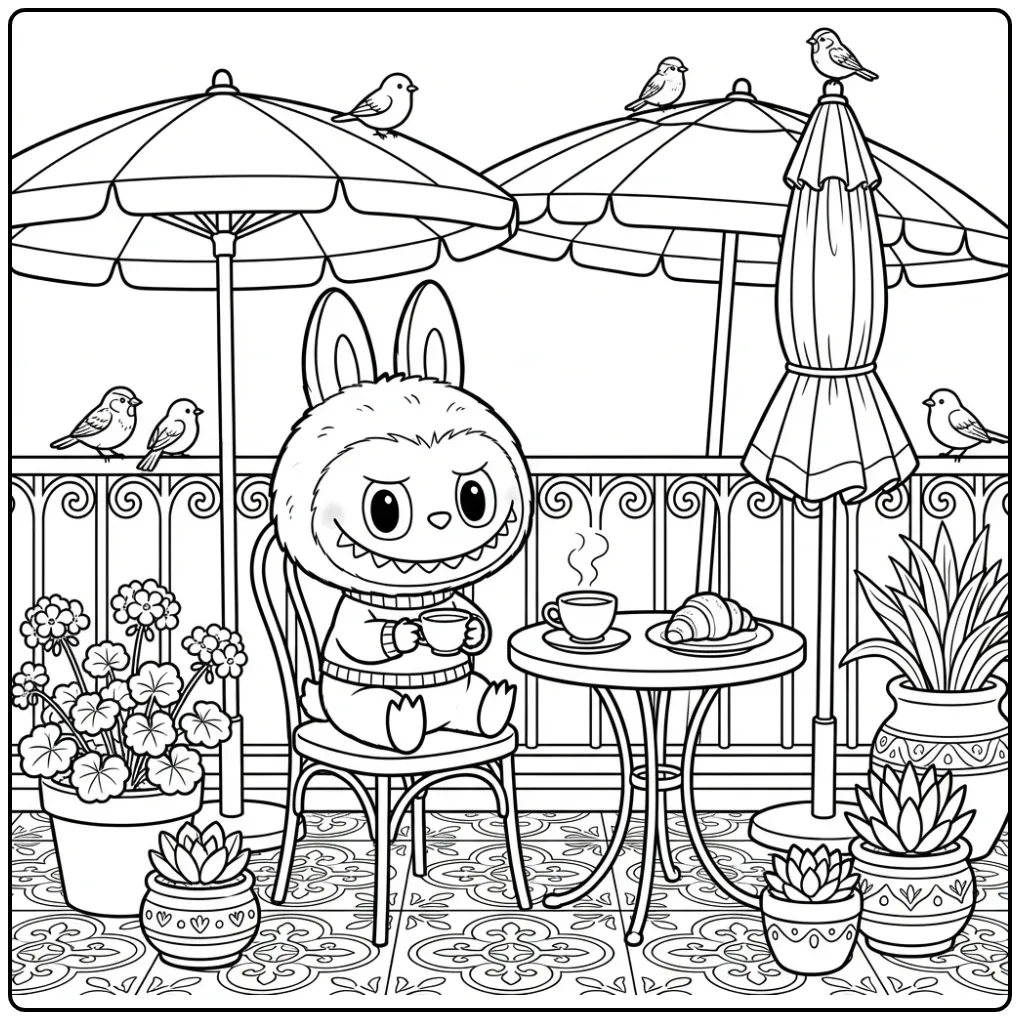 Cozy Patio with Labubu Having a Seat coloring page