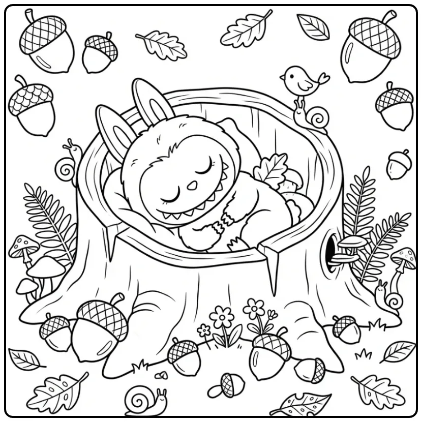 Cozy Forest Scene with Cute Labubu and Leaves coloring page