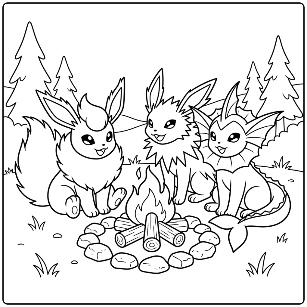 Cozy Flareon Vaporeon Jolteon at the Campfire coloring page